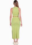 Set de falda midi y crop top halter sin mangas color verde para mujer - Flashy