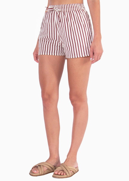 Short de tiro alto con estampado de rayas y elástico en cintura color beige, blanco, marfil para mujer - Flashy