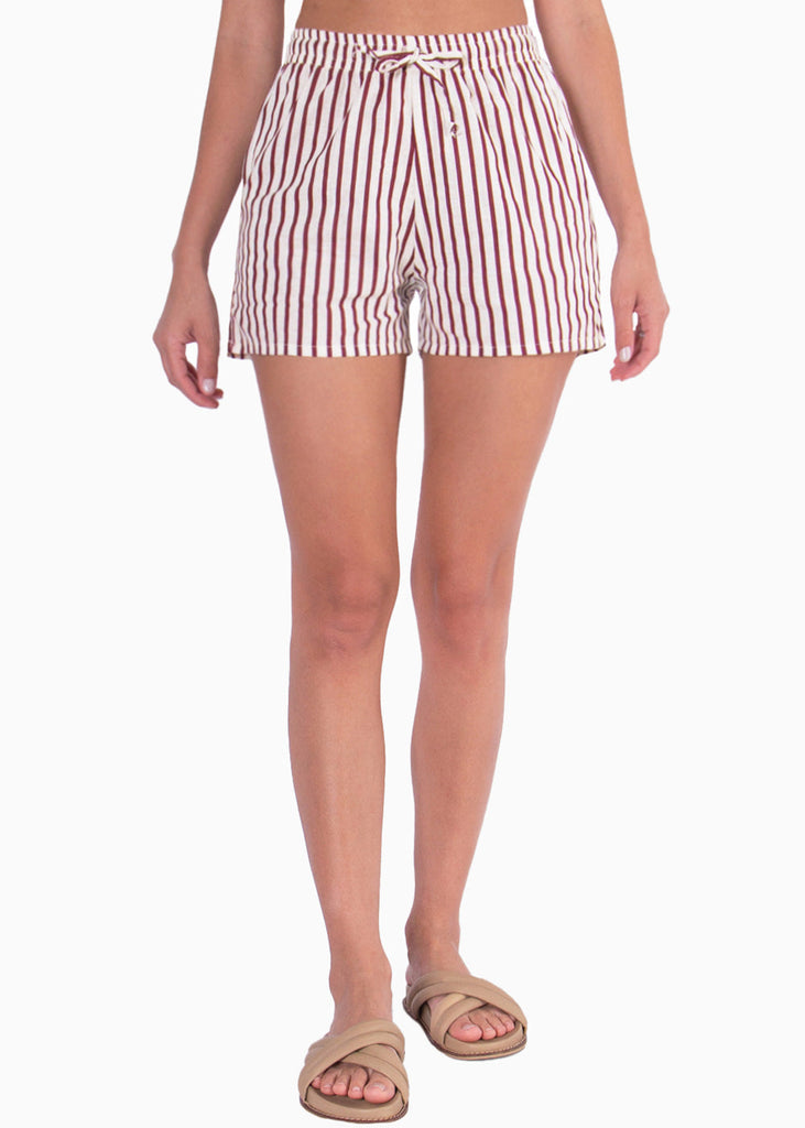 Short de tiro alto con estampado de rayas y elástico en cintura color beige, blanco, marfil para mujer - Flashy