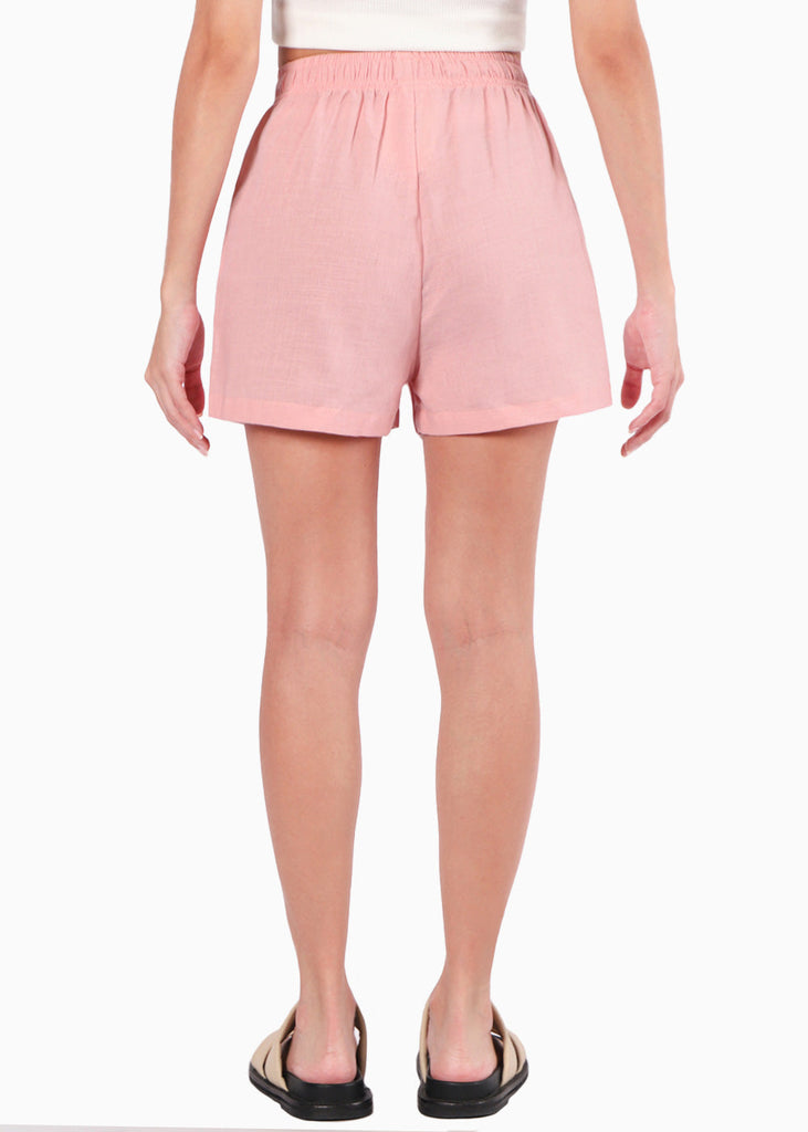 Short de tiro alto tipo lino con elástico en cintura y bolsillos color rosado para mujer - Flashy