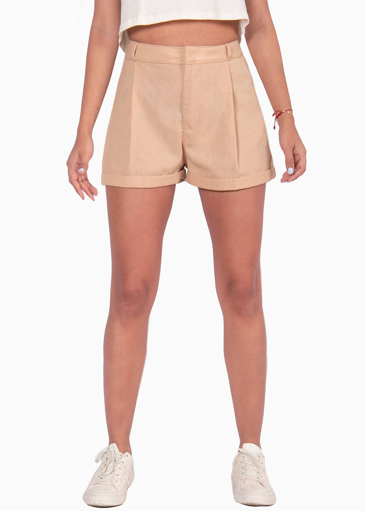 Short tiro alto de lino color beige para mujer - Flashy