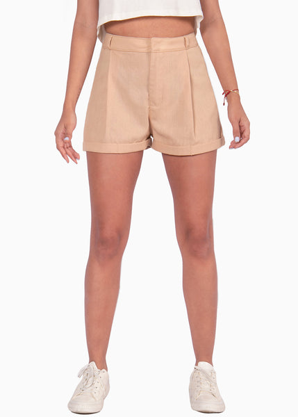 Short tiro alto de lino color beige para mujer - Flashy