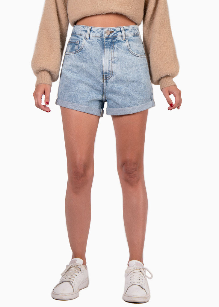 Short tiro alto de silueta mom color azul para mujer - Flashy