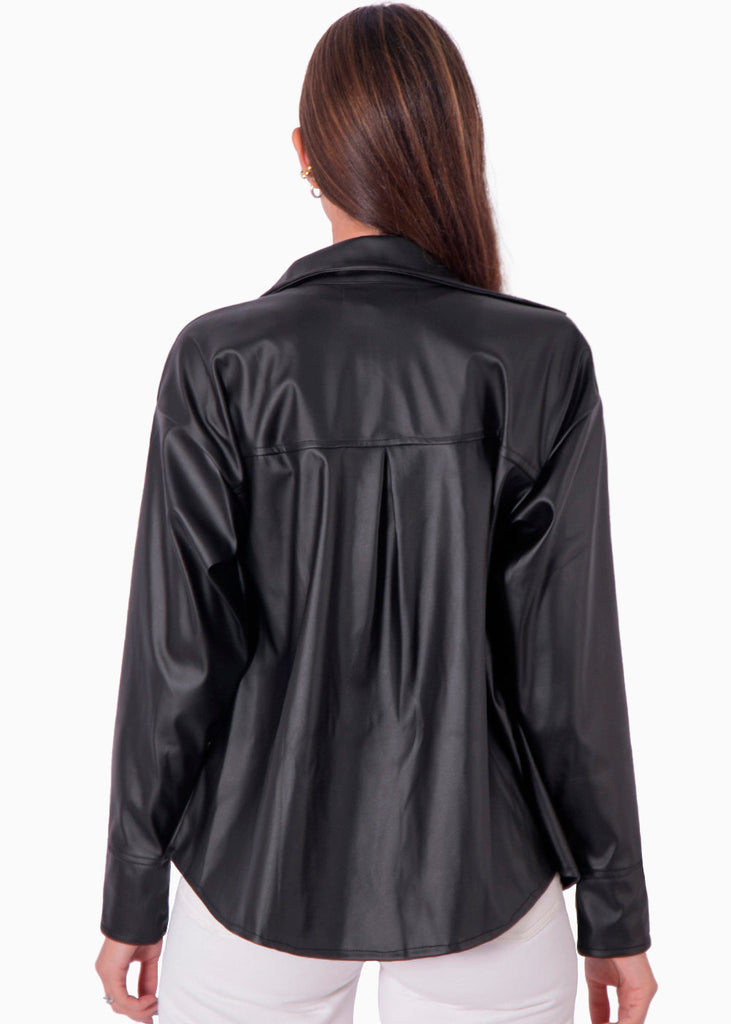 Sobrecamisa manga larga tipo cuero color negro para mujer - Flashy