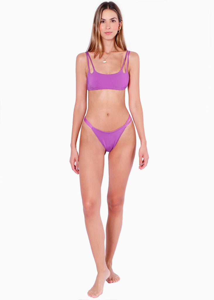Top de vestido de baño con escote cuadrado y doble cargadera color morado para mujer - Flashy