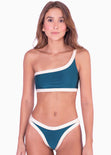 Top de vestido de baño de un solo hombro con contraste de color color azul para mujer - Flashy