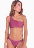 Top de vestido de baño de un solo hombro color morado, magenta para mujer - Flashy