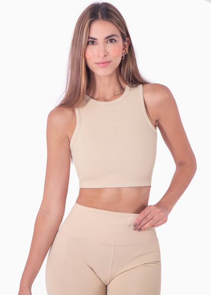 Top deportivo cuello alto sin mangas color beige para mujer - Flashy