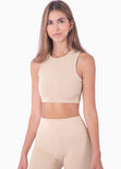 Top deportivo cuello alto sin mangas color beige para mujer - Flashy