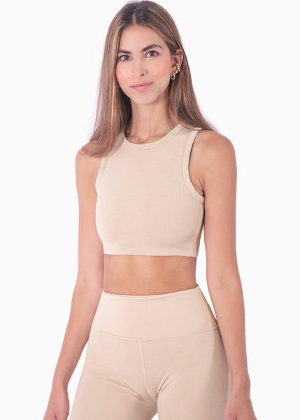 Top deportivo cuello alto sin mangas color beige para mujer - Flashy