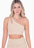 Top deportivo de un hombro con abertura cut out color beige para mujer - Flashy