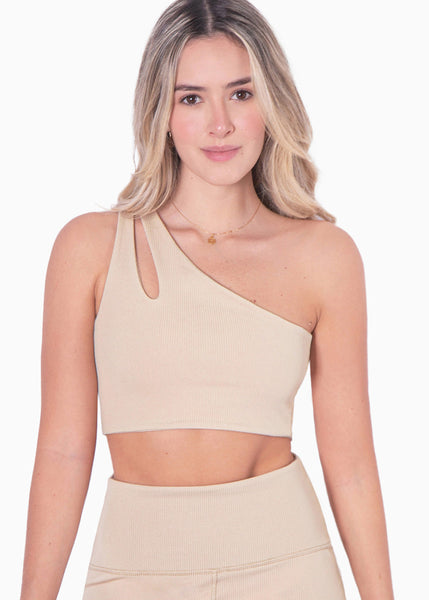 Top deportivo de un hombro con abertura cut out color beige para mujer - Flashy