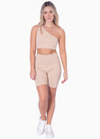 Top deportivo de un hombro con abertura cut out color beige para mujer - Flashy