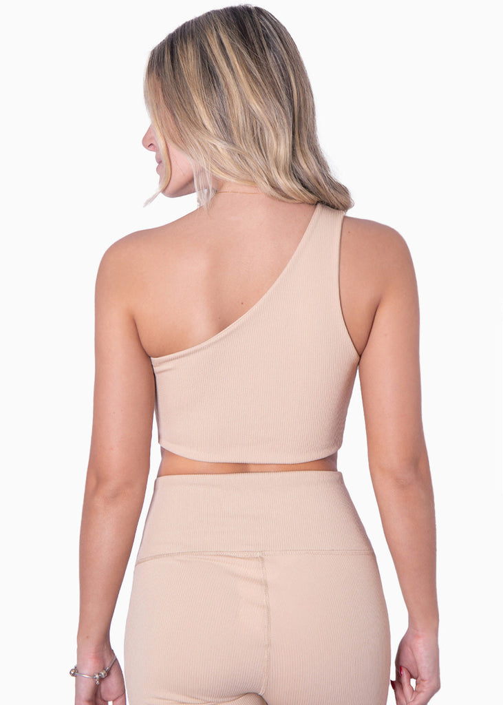 Top deportivo de un hombro con abertura cut out color beige para mujer - Flashy