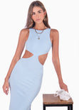 Vestido con cuello alto y aberturas en costados color azul para mujer - Flashy