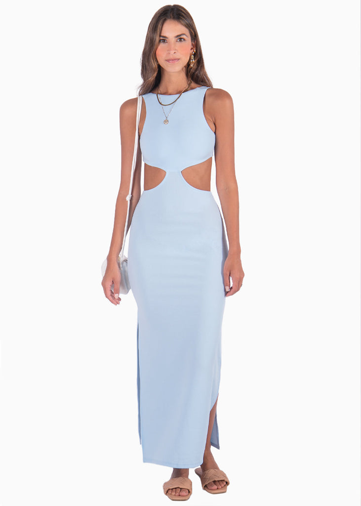 Vestido con cuello alto y aberturas en costados color azul para mujer - Flashy