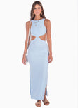 Vestido con cuello alto y aberturas en costados color azul para mujer - Flashy