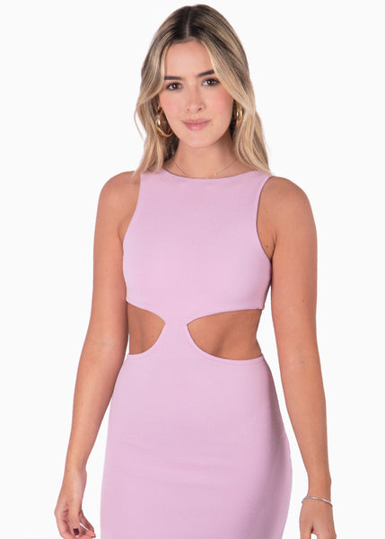 Vestido con cuello alto y aberturas en costados color lila, morado para mujer - Flashy