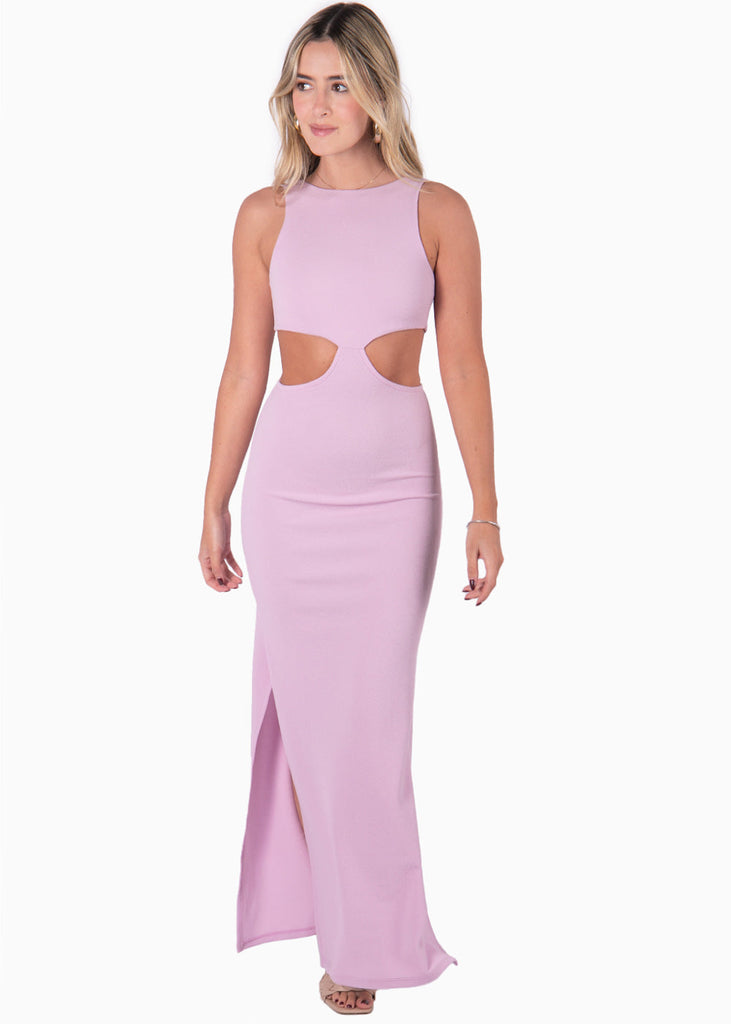 Vestido con cuello alto y aberturas en costados color lila, morado para mujer - Flashy