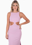 Vestido con cuello alto y aberturas en costados color lila, morado para mujer - Flashy