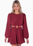 Vestido corto con aro y mangas abullonadas color vino para mujer - Flashy
