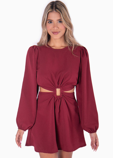 Vestido corto con aro y mangas abullonadas color vino para mujer - Flashy