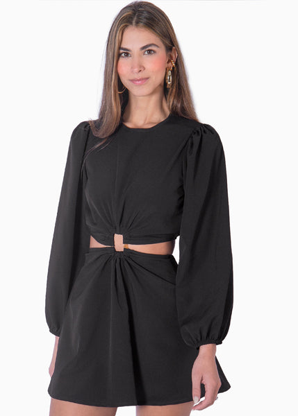 Vestido corto con aro y mangas abullonadas color negro para mujer - Flashy