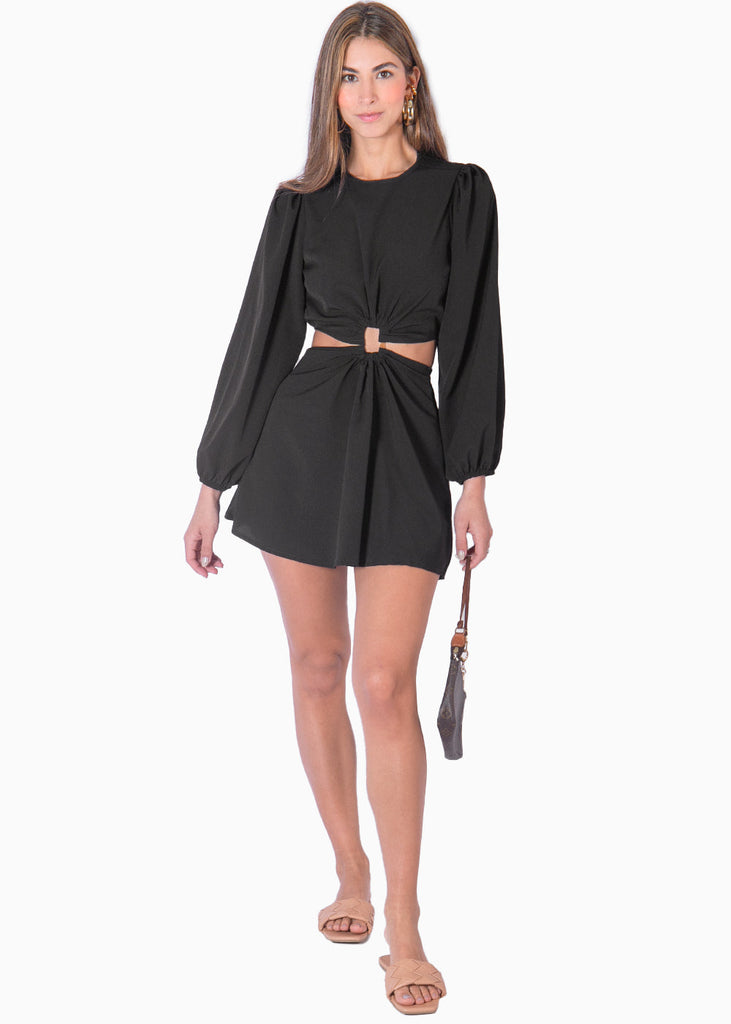 Vestido corto con aro y mangas abullonadas color negro para mujer - Flashy