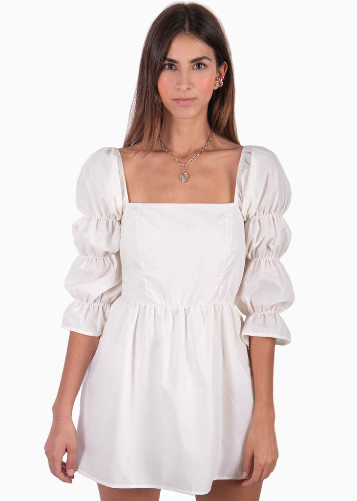 Vestido corto con mangas abullonadas y escote cuadrado color blanco para mujer - Flashy