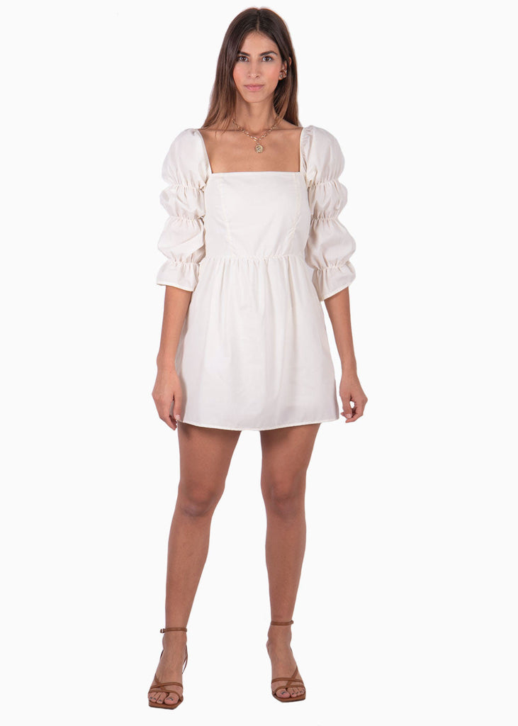 Vestido corto con mangas abullonadas y escote cuadrado color blanco para mujer - Flashy