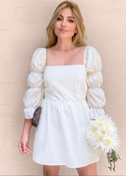 Vestido corto con mangas abullonadas y escote cuadrado color blanco para mujer - Flashy