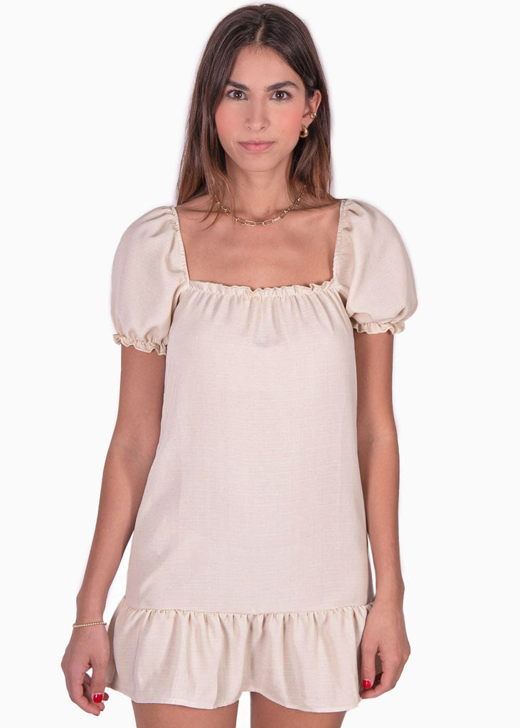Vestido corto con mangas abullonadas y escote cuadrado color beige para mujer - Flashy