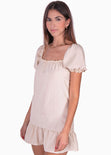 Vestido corto con mangas abullonadas y escote cuadrado color beige para mujer - Flashy