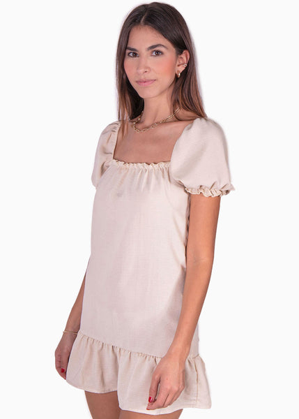 Vestido corto con mangas abullonadas y escote cuadrado color beige para mujer - Flashy