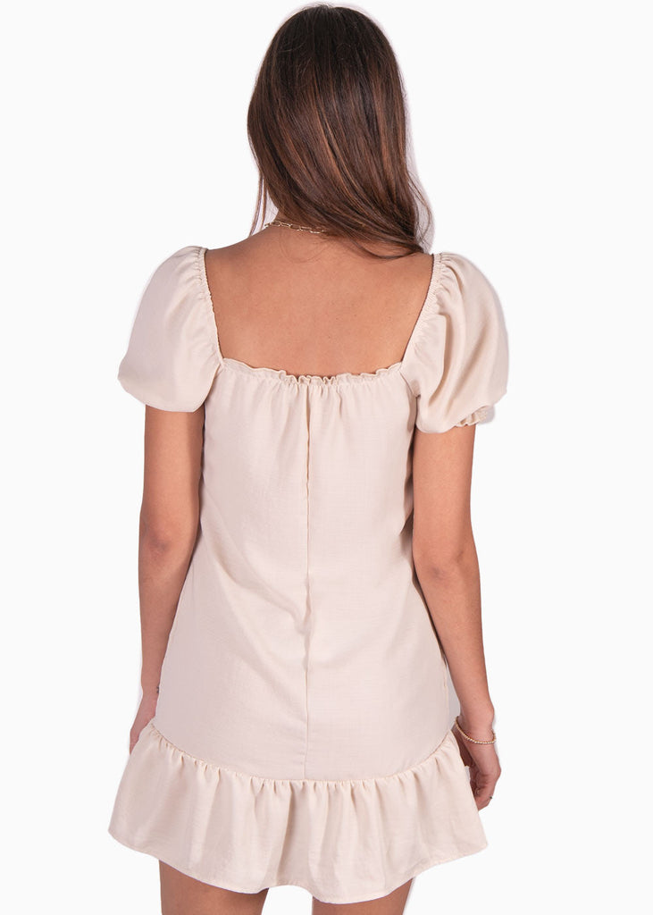 Vestido corto con mangas abullonadas y escote cuadrado color beige para mujer - Flashy