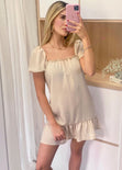 Vestido corto con mangas abullonadas y escote cuadrado color beige para mujer - Flashy