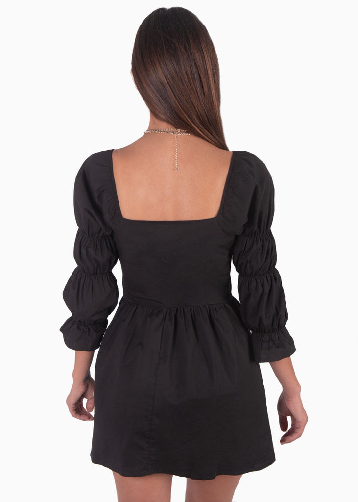 Vestido corto con mangas abullonadas y escote cuadrado color negro para mujer - Flashy
