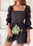 Vestido corto con mangas abullonadas y escote cuadrado color negro para mujer - Flashy