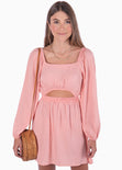 Vestido corto con mangas largas y abertura color rosado para mujer - Flashy