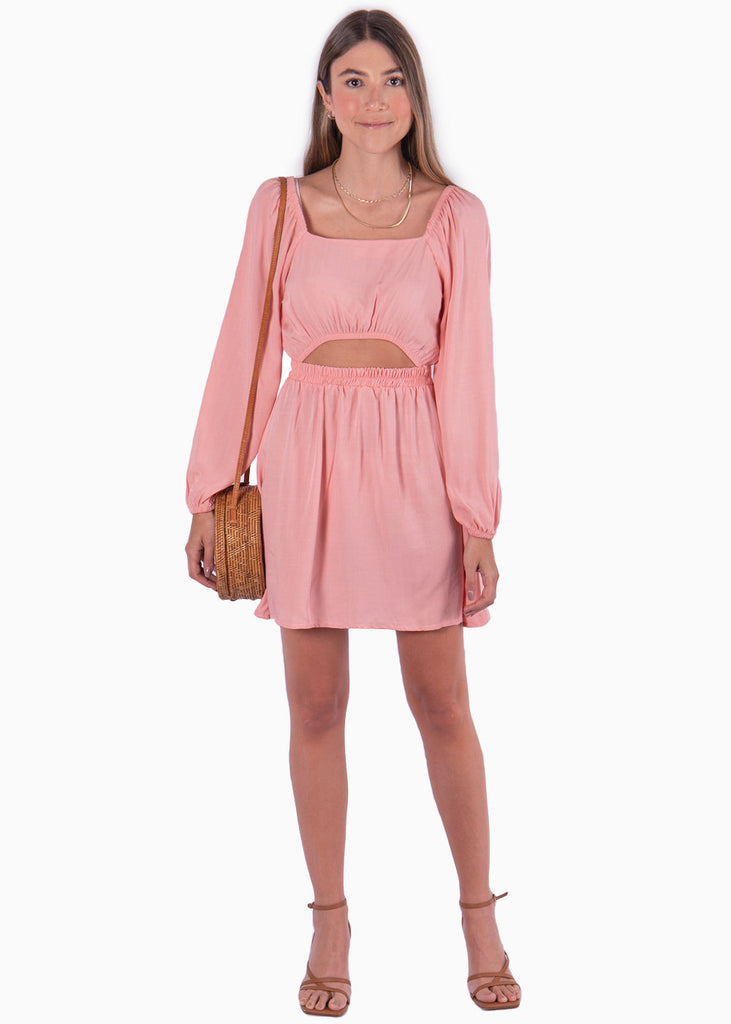 Vestido corto con mangas largas y abertura color rosado para mujer - Flashy