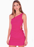 Vestido corto de un solo hombro con abertura en costados color fucsia para mujer - Flashy