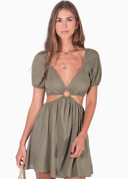 Vestido corto manga corta con aro en escote y aberturas color verde para mujer - Flashy