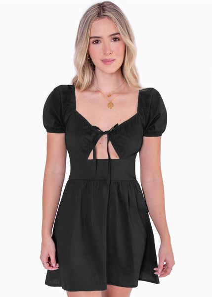 Vestido corto manga corta con escote en v y abertura color negro para mujer - Flashy