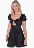 Vestido corto manga corta con escote en v y abertura color negro para mujer - Flashy