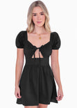 Vestido corto manga corta con escote en v y abertura color negro para mujer - Flashy