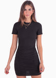 Vestido corto manga corta con recogidos color negro para mujer - Flashy