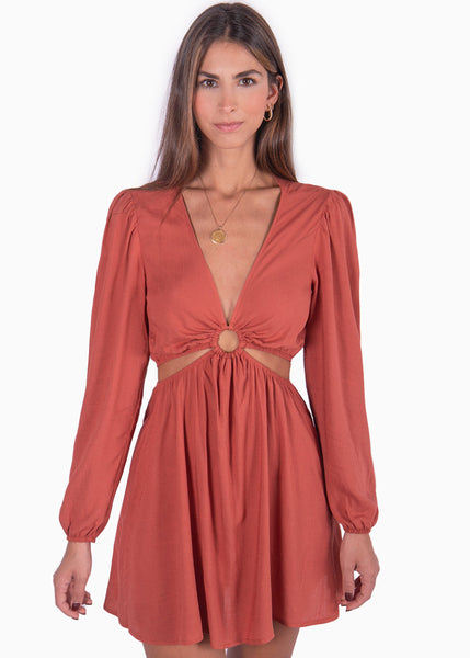 Vestido corto manga larga con aro en escote y aberturas color terracota para mujer - Flashy