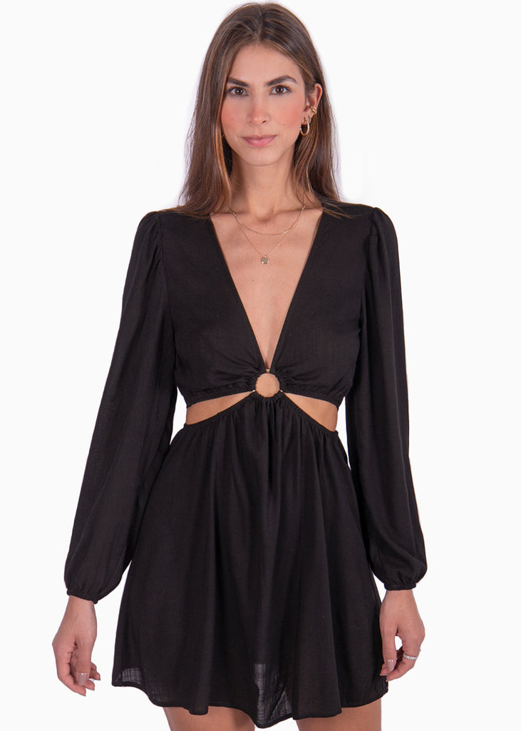 Vestido corto manga larga con aro en escote y aberturas color negro para mujer - Flashy