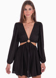 Vestido corto manga larga con aro en escote y aberturas color negro para mujer - Flashy