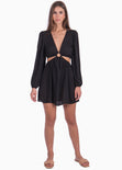 Vestido corto manga larga con aro en escote y aberturas color negro para mujer - Flashy